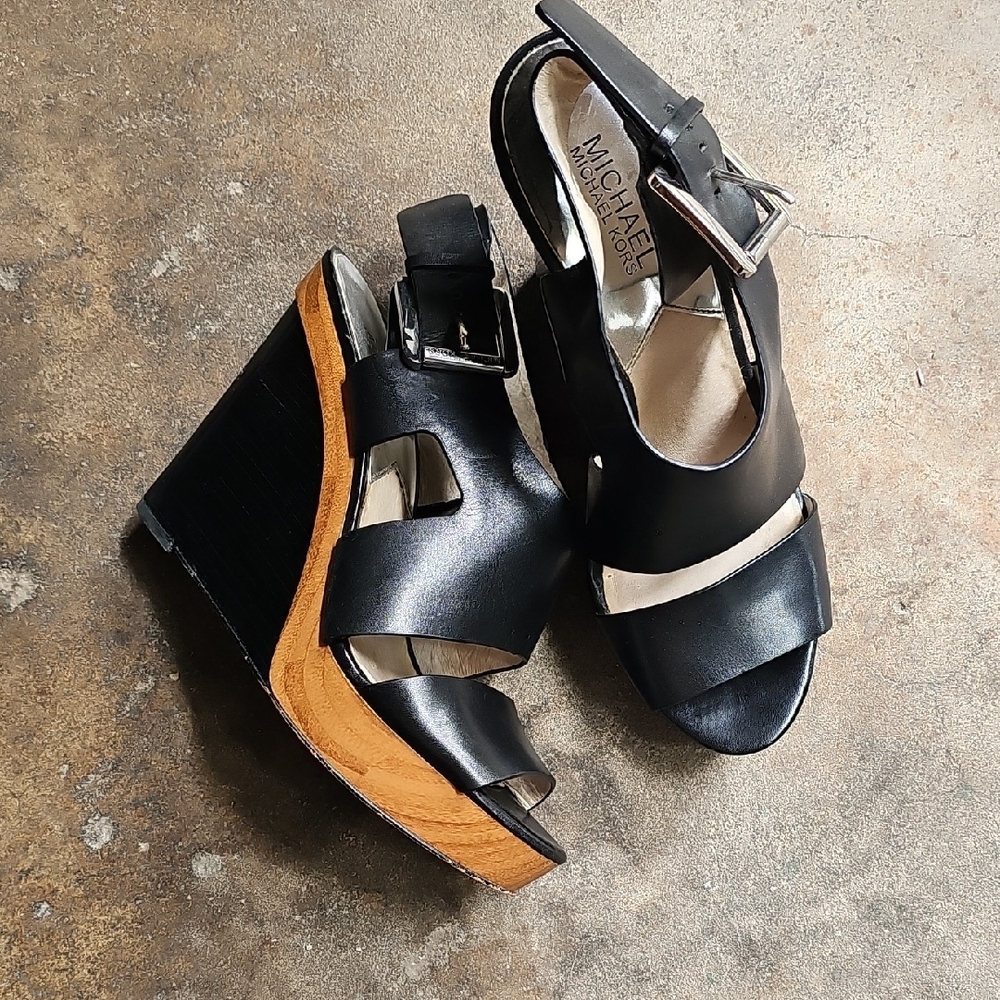 Michael Kors Black and Tan Wedge Sandals